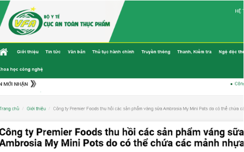 Thu hồi các sản phẩm váng sữa Ambrosia My Mini Pots do có thể chứa các mảnh nhựa