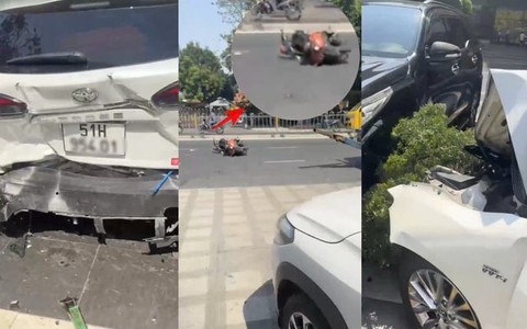 Ô tô húc văng nhiều xe máy rồi lao vào khuôn viên chung cư ở TP.HCM