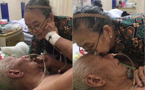 Tình yêu khiến ai cũng ao ước: Bà hôn lên trán vỗ về chồng trên giường bệnh, ông choàng tay ôm vợ lưu luyến