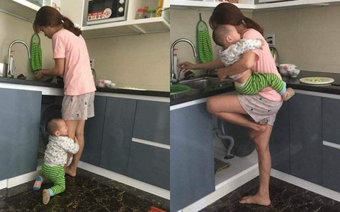 Đến nấu ăn cũng tay bế con tay rửa rau, bức ảnh đơn giản nói lên ngàn nỗi lòng của mẹ bỉm sữa