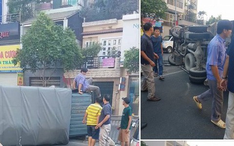 Xe tải gãy nhíp lật ngang đường: thần chết mải ăn Tết, hai cha con thoát chết thần kỳ