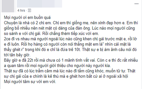 Câu chuyện gây tranh cãi: Cô gái trẻ tâm sự muốn tự tử, coi chị gái như kẻ thù bởi lúc nào cũng bị so sánh, chê bai ngoại hình