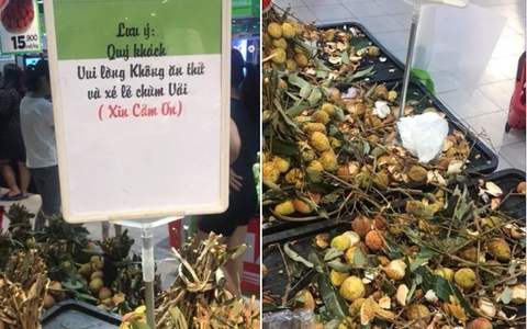 Dân mạng lên án ý thức kém của một số người vào siêu thị ăn thử vải rồi vứt vỏ la liệt dù đã có biển cấm