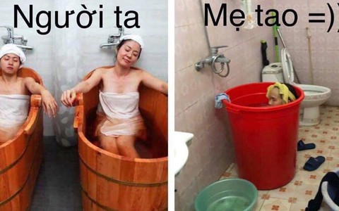 Người ta tắm bồn gỗ thông sang chảnh, mẹ nhà tôi thích ngụp lặn trong xô để "tẩy uế tháng cô hồn" thế này đây