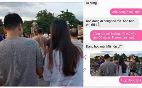Chàng trai bảo đang họp, nhưng lại bị người yêu bắt gặp đi với gái lạ ở một nơi xa, và đây là lời giải thích