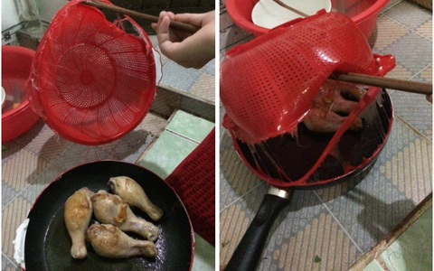 Thanh niên đảm đang rán đùi gà, nghĩ ra tuyệt chiêu tránh bắn mỡ và kết quả khiến cả nhà cười đau ruột 