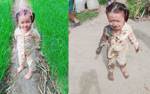 Phút trước còn ngậm kẹo tung tăng giữa cánh đồng, phút sau đã lấm lem bùn đất, em bé khiến MXH cười không ngớt