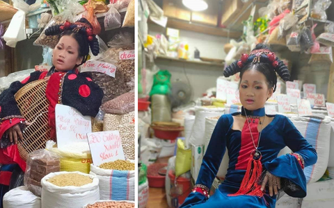Chị gái bán đồ khô ăn mặc như quý phi, trang điểm sương sương với chân mày nửa đầy nửa vơi khiến dân mạng ngỡ đâu Halloween đã tới