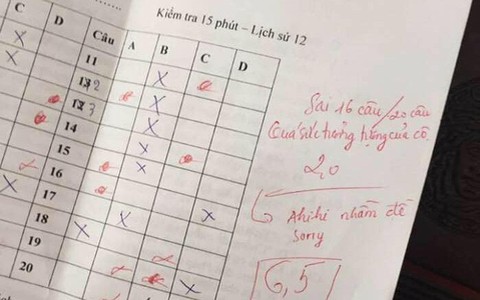 Thấy học sinh sai 16/20 câu trong bài kiểm tra, cô dạy Sử nhận xét 1 câu "quá sức tưởng tượng" nhưng cái kết mới "siêu cute"