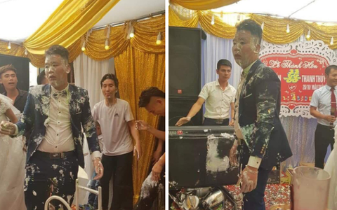Ngày cưới, cô dâu buồn thiu còn chú rể thất thần sau khi bị hội bạn thân úp nguyên cái bánh gato vào người