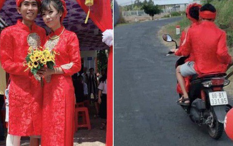 Hình ảnh chú rể bó bột chân, được cô dâu "rước" bằng xe máy khiến nhiều người vừa thương lại không nhịn được cười