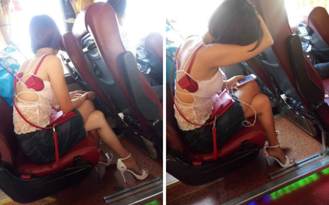 Hà Nội đang nắng 40 độ, nhưng chưa thể "nóng" bằng cách ăn mặc của cô nàng để tuột hết nội y khi đi xe khách này