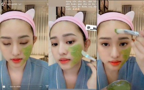 Thúy Vi lạ ghê, đắp mặt nạ khổ qua mà trên mặt "7749 lớp make-up" thế này thì da hấp thụ làm sao?