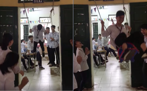 Khóc thét trước độ nghịch bá đạo của học sinh thời nay, tự chế xích đu đung đưa trong lớp, chơi vui thật nhưng ai cũng sợ một điều