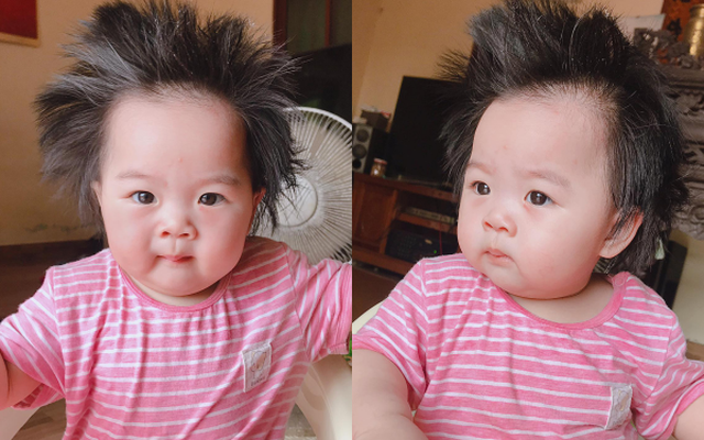 Bé 7 tháng tuổi gây ấn tượng vì mái tóc tốt um, dựng đứng như bờm sư tử